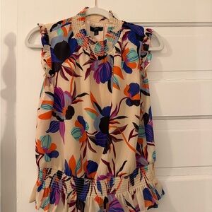 J. Crew Cream Floral Smocked Neck Sleeveless Blouse